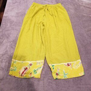 Tropical Resortwear Women's Large High Waisted Cropped Pants Elastic Waist Lime